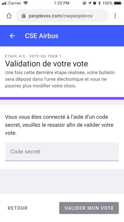 People Vox - Vote électronique - Aperçu Smartphone : Espace Votant Validation du vote