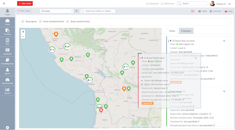 Okdesk.com - Suivez la progression des techniciens et des tickets en temps réel. Faites glisser et déposez un ticket sur la carte pour l'attribuer au technicien le plus proche.