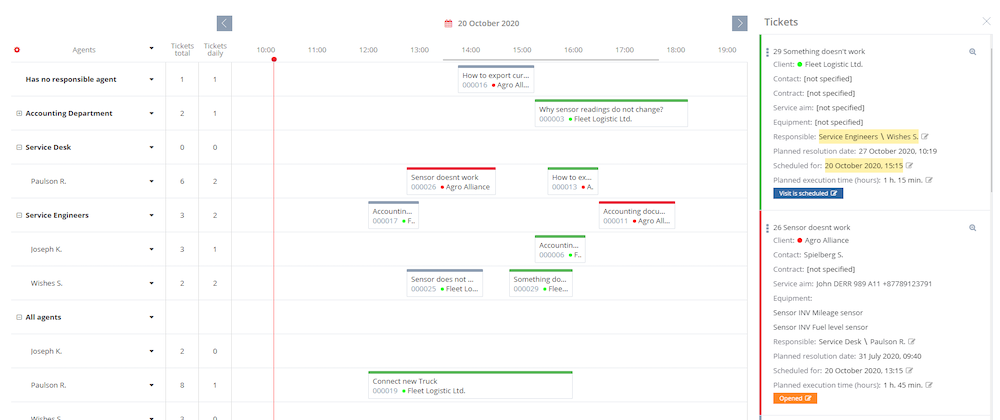 Okdesk.com - Déployez judicieusement vos équipes de techniciens sans les surcharger. Glissez et déposez votre ticket sur un créneau horaire disponible pour optimiser la planification du travail.