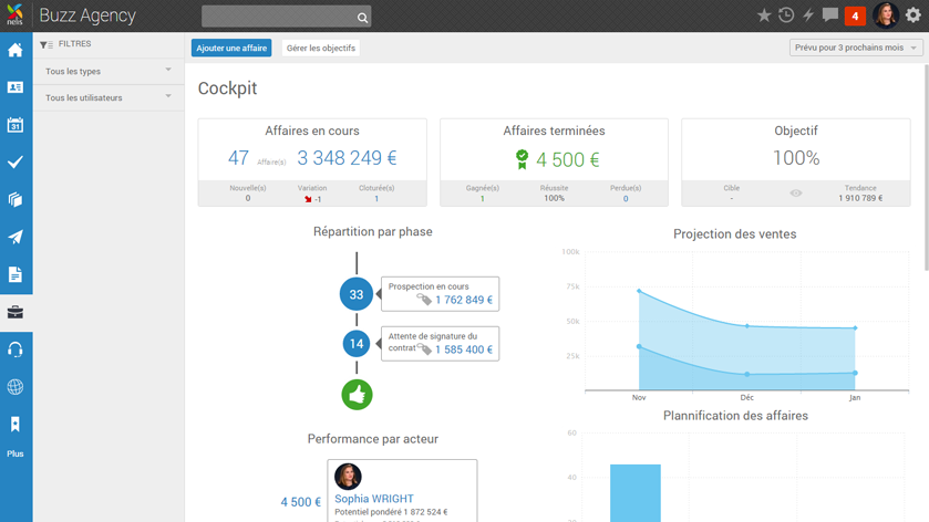 Nelis CRM - Nelis: gestione dei lead, formazione online (webinar), adattivo Interfaccia Web