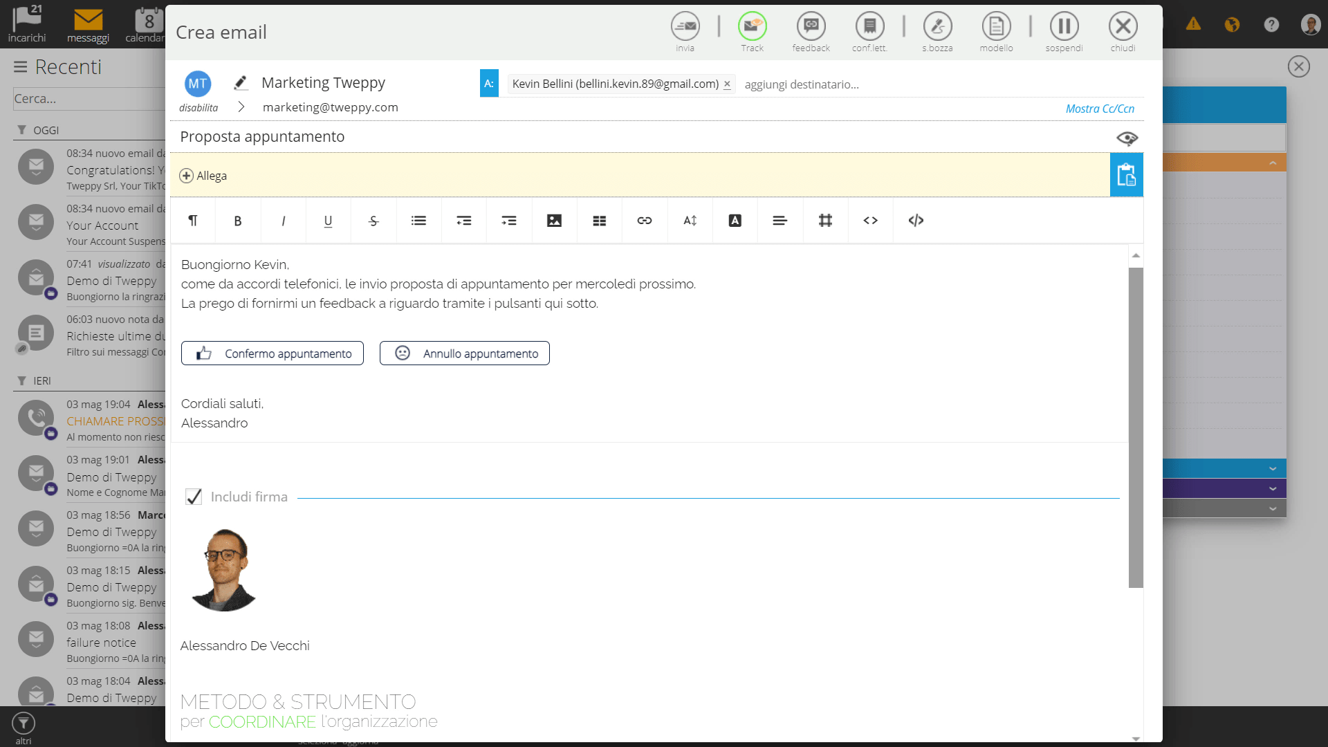 Tweppy Metodo e Strumento - Compositore email, con opzioni di tracciamento (apertura, click, download), pulsanti di feedback rapidi personalizzabili, firma, modelli email