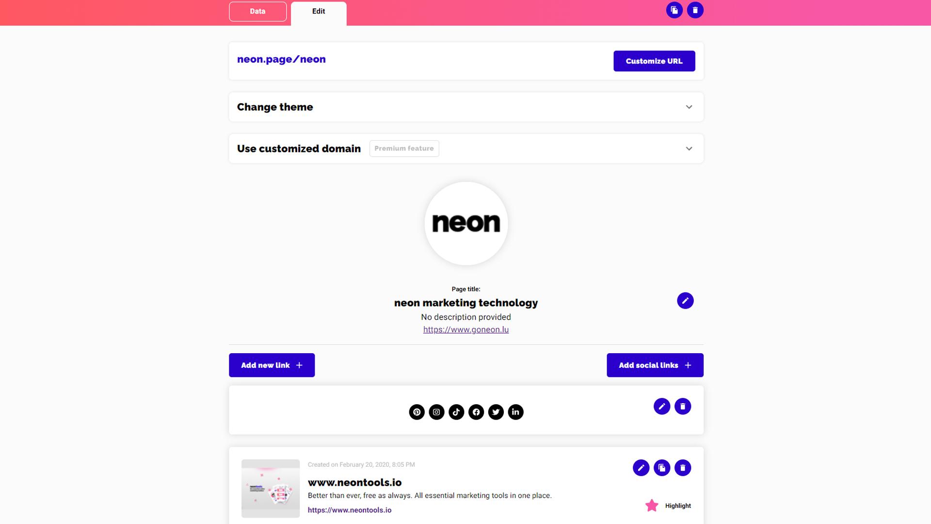 Neontools - neon.page (micor landing-page) editing tab.