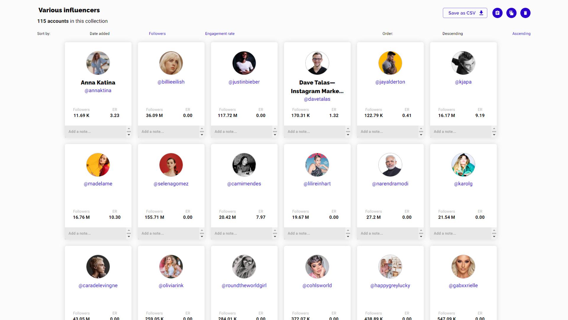 Neontools - Example of an influencer/account collection