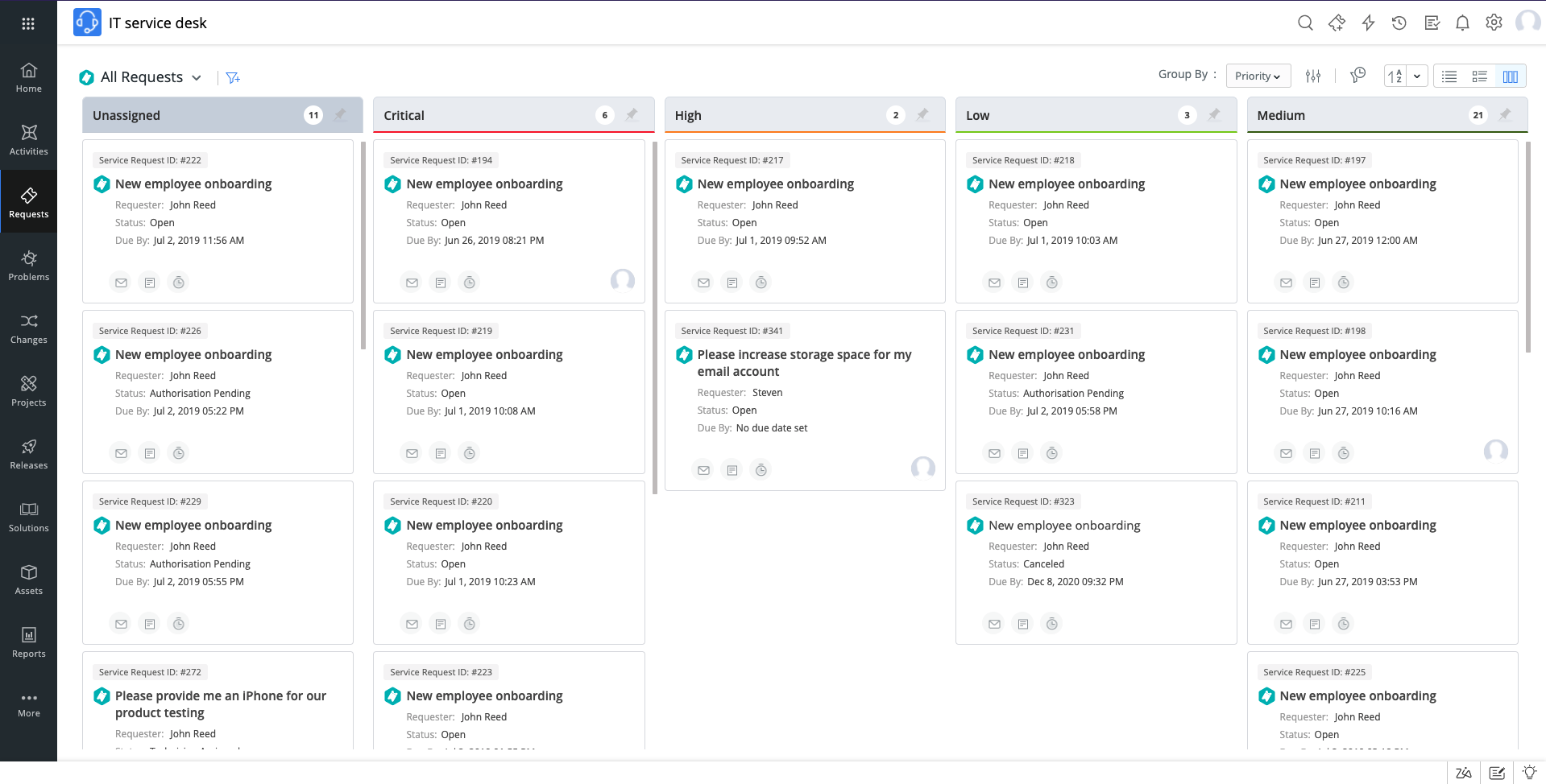 ManageEngine Servicedesk Plus - Manage your ticket queues more quickly and easily with the Kanban View, available in the all-new UI of ServiceDesk Plus Cloud.