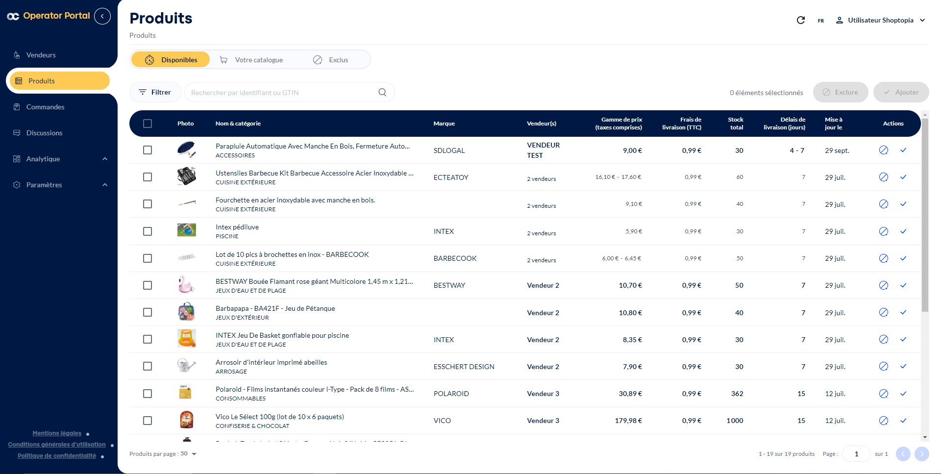 Octopia - Produits proposés par les vendeurs sur la marketplace.