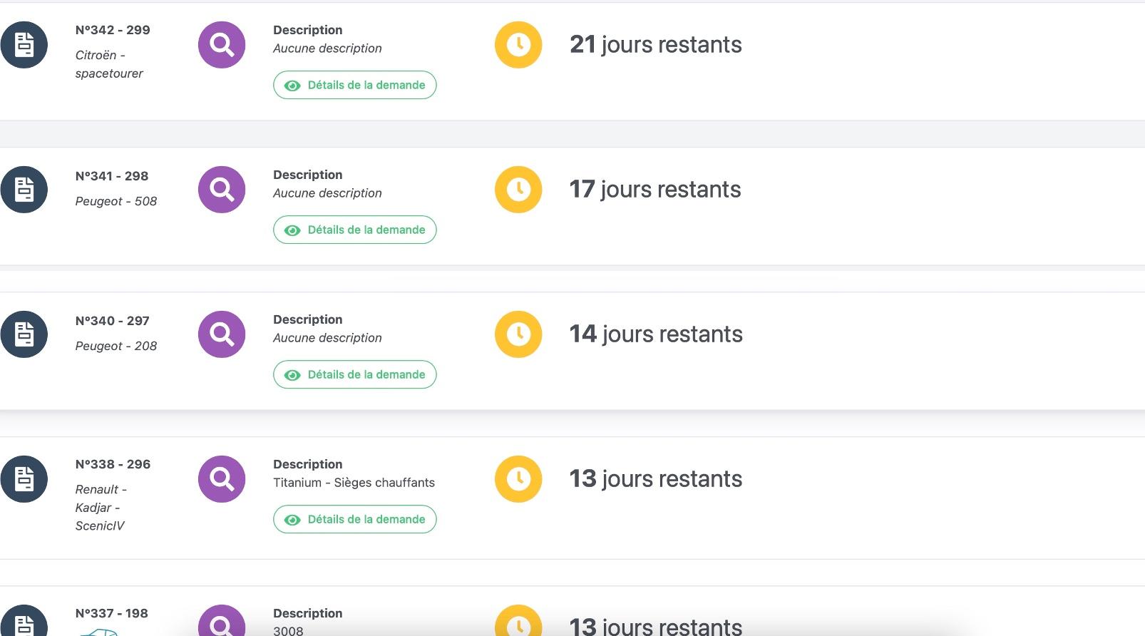 Behovacar - Dans votre Dashboard, voici la liste des demandes déposées, avec alerte en temps réel.