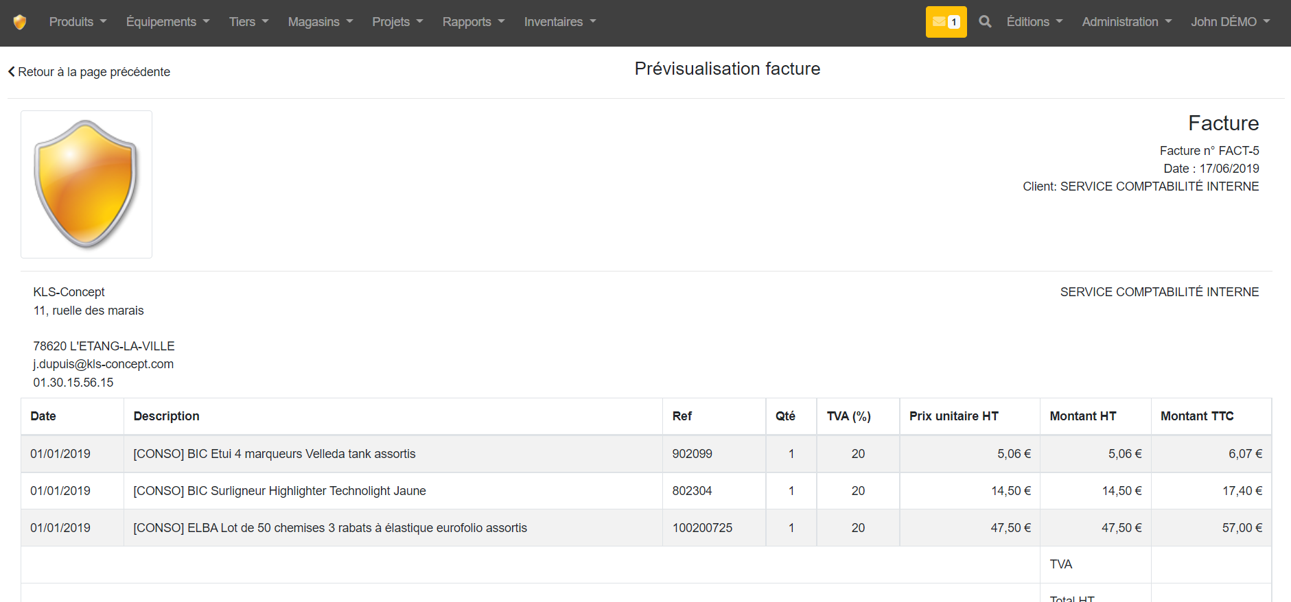 GSE-Web (Gestion de stock) - Exemple d'une facture