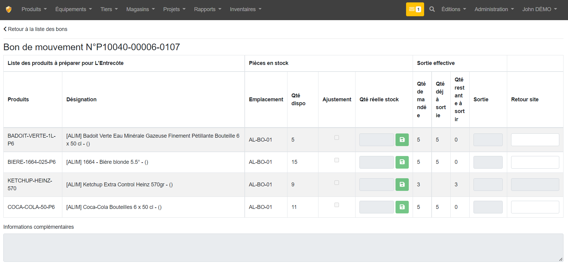 GSE-Web (Gestion de stock) - Example of a closed movement order