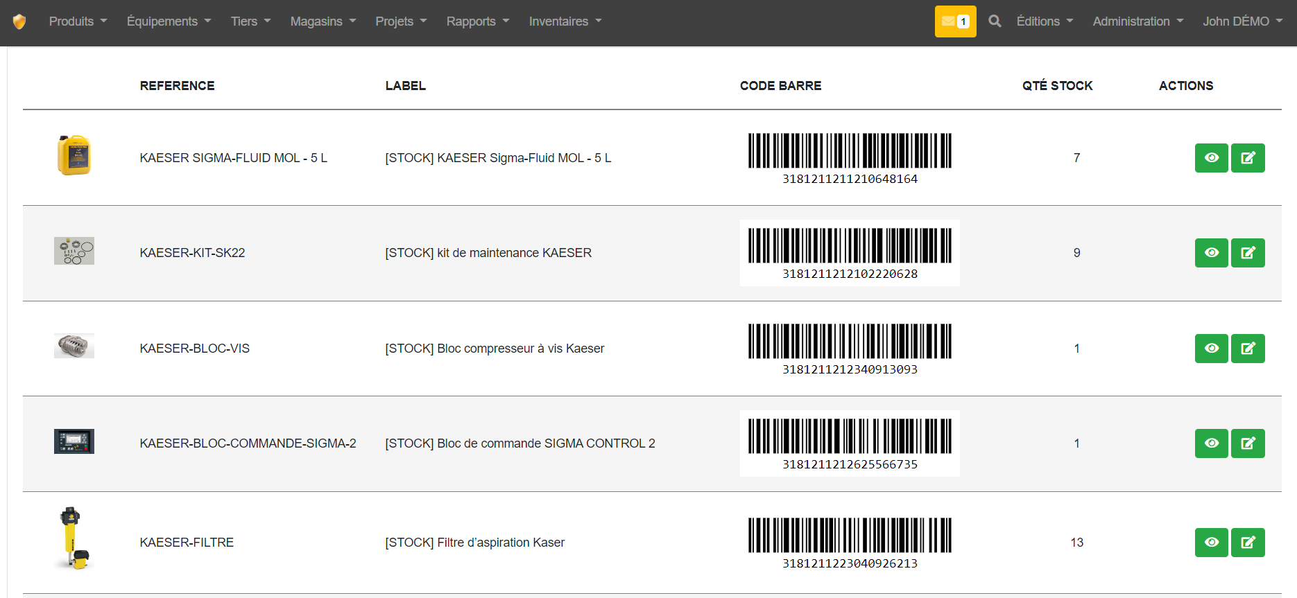 GSE-Web (Gestion de stock) - Exemple de pièces composant pour la maintenance d'un compresseur