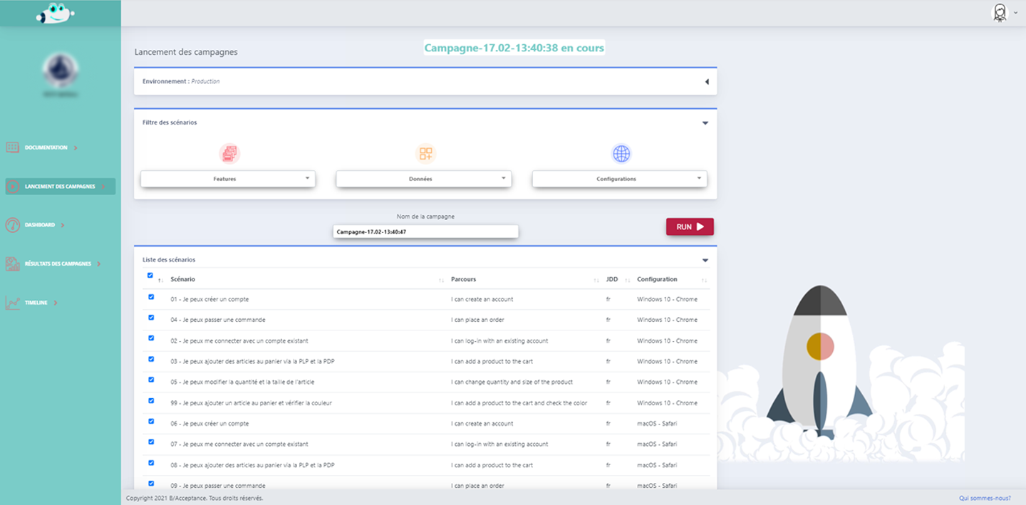 Alfred Monitoring - Ecran de lancement des campagnes. Possibilité de choix des features, environnements, types de devices.