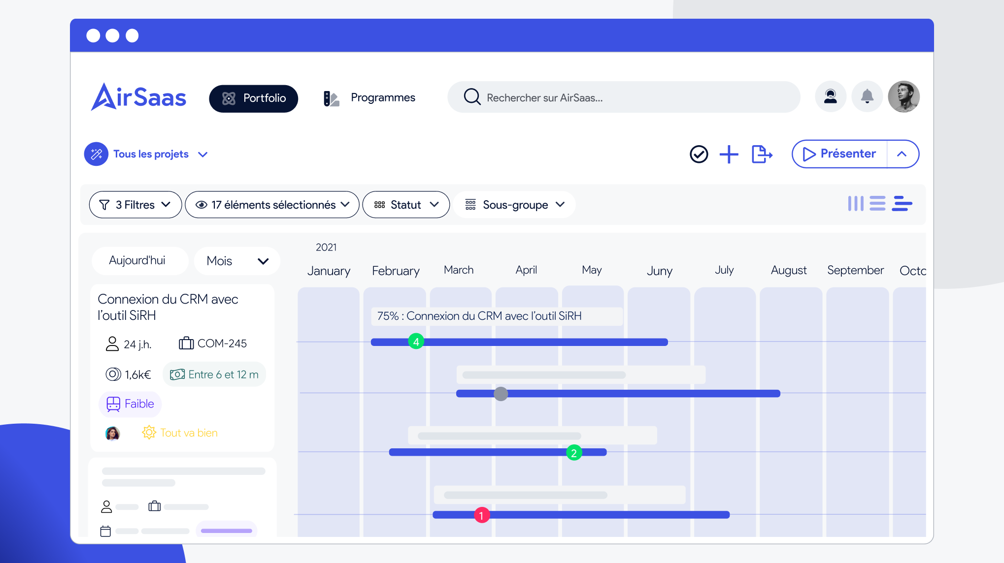 AirSaas - Pilotez de manière macro : Priorisez en continu grâce à votre roadmap collaborative, et créez des vues filtrées pour visualiser en quelques clics la météo, les points d’attention et les retards de vos projets.