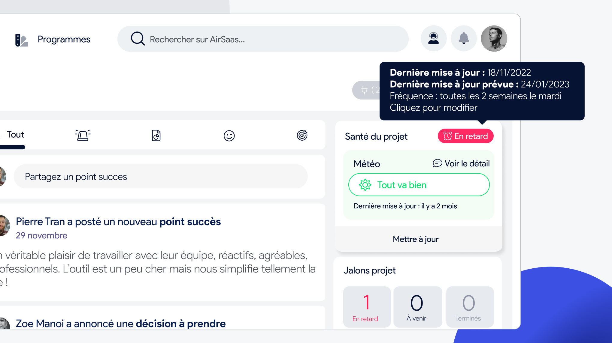 AirSaas - Mettre du rythme dans la gestion de projet : Définissez à quelle fréquence les projets doivent être mis à jour et suivez les retards en un clin d’oeil.