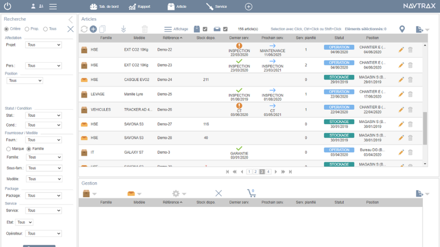 NavTrax - recherche de matériel, affectation de matériel, intervention et maintenance, GMAO