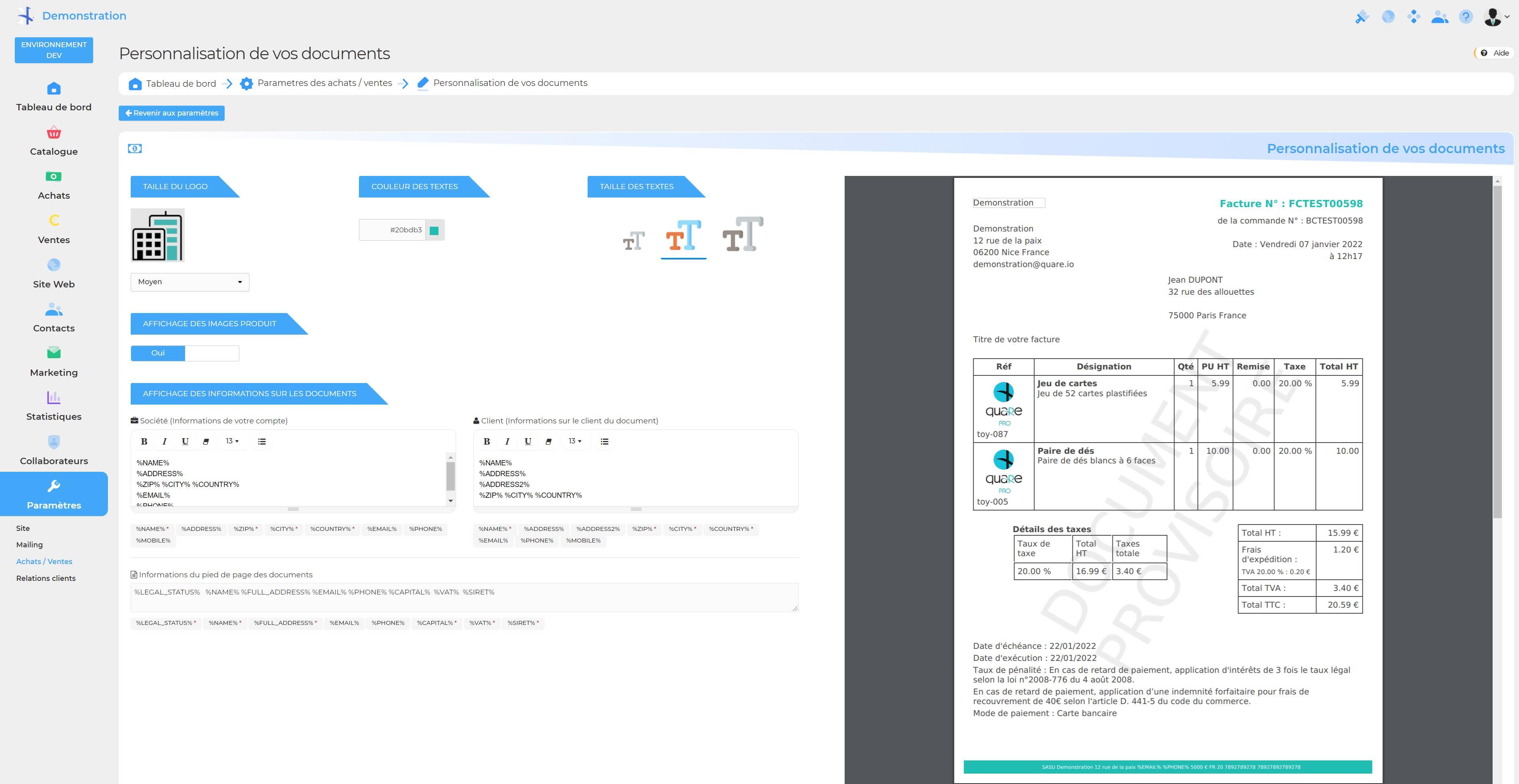 Quare - Personnalisation des documents de ventes