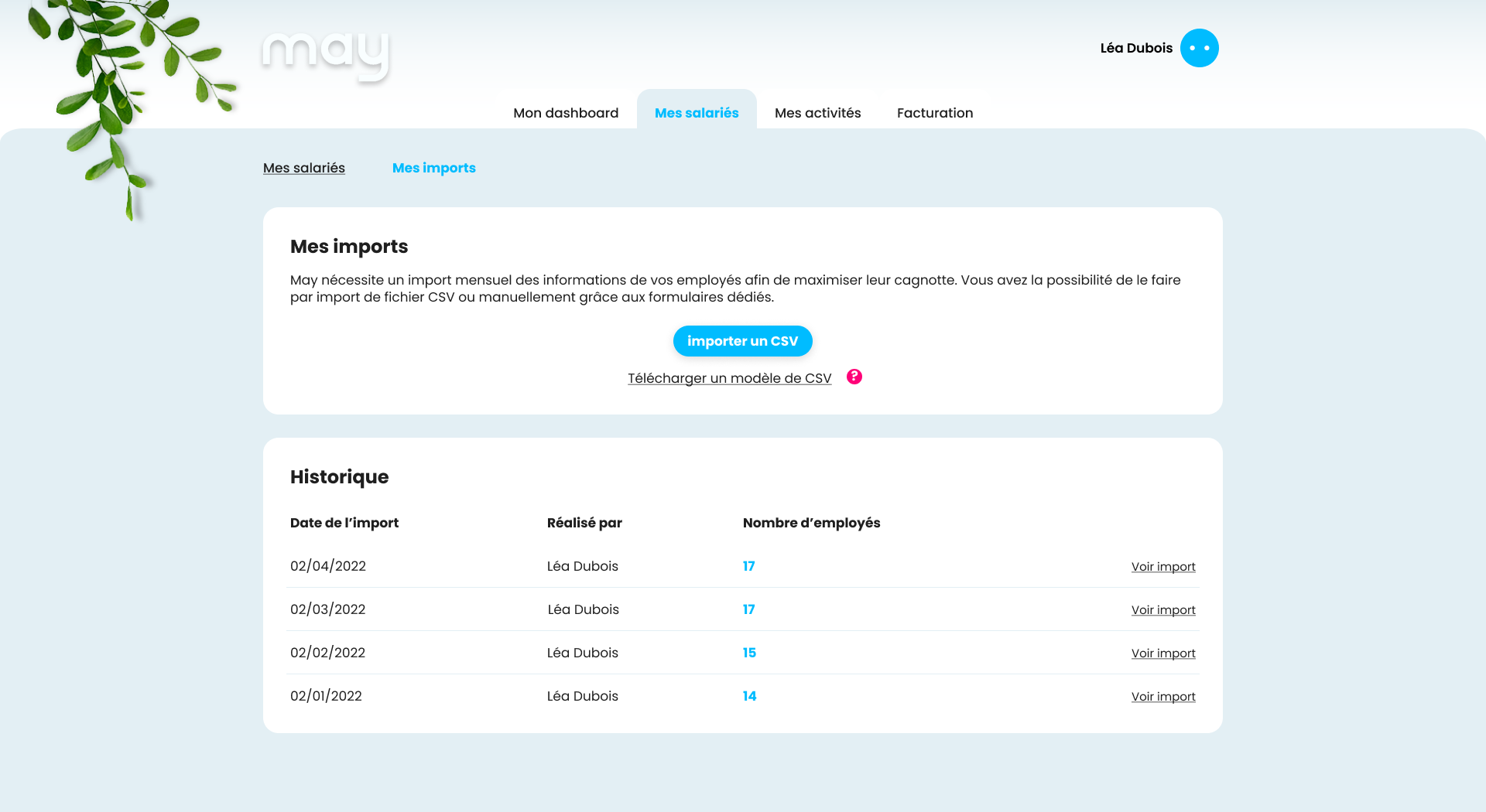 May - La mise à jour des informations de ses salariés se fait via l'import d'un csv