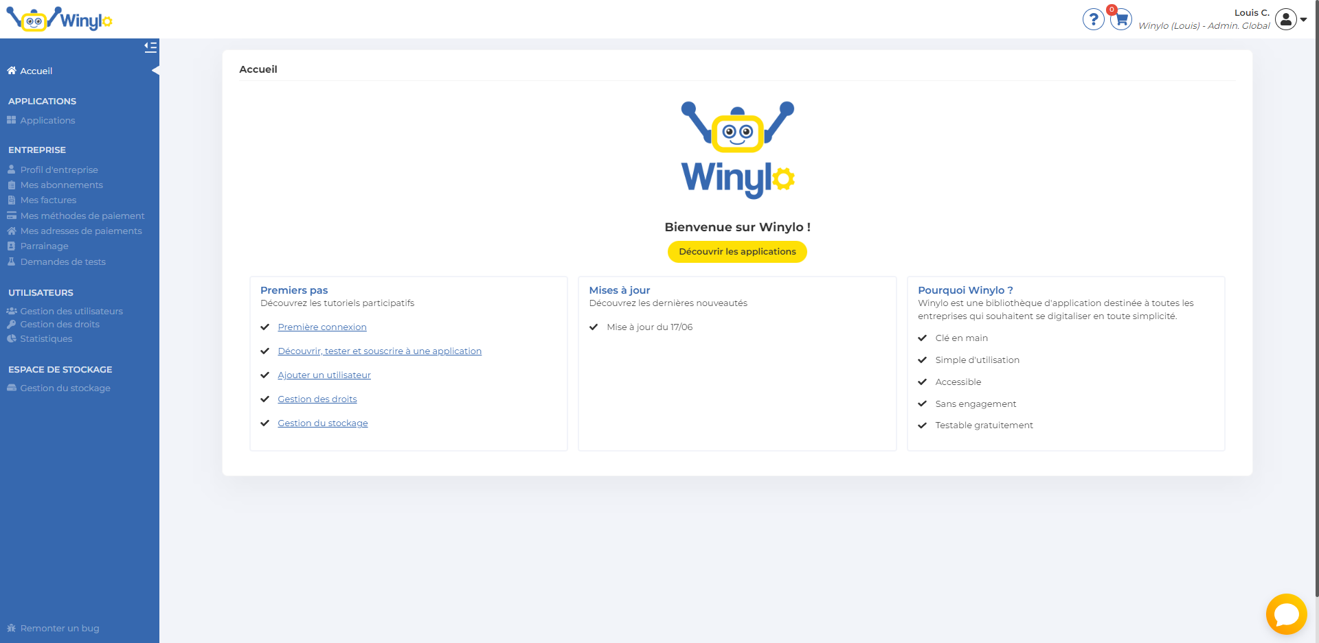 Winylo - Notre page d'accueil avec nos tutoriels participatifs. Le menu de navigation intuitif avec l'espace parrainage.