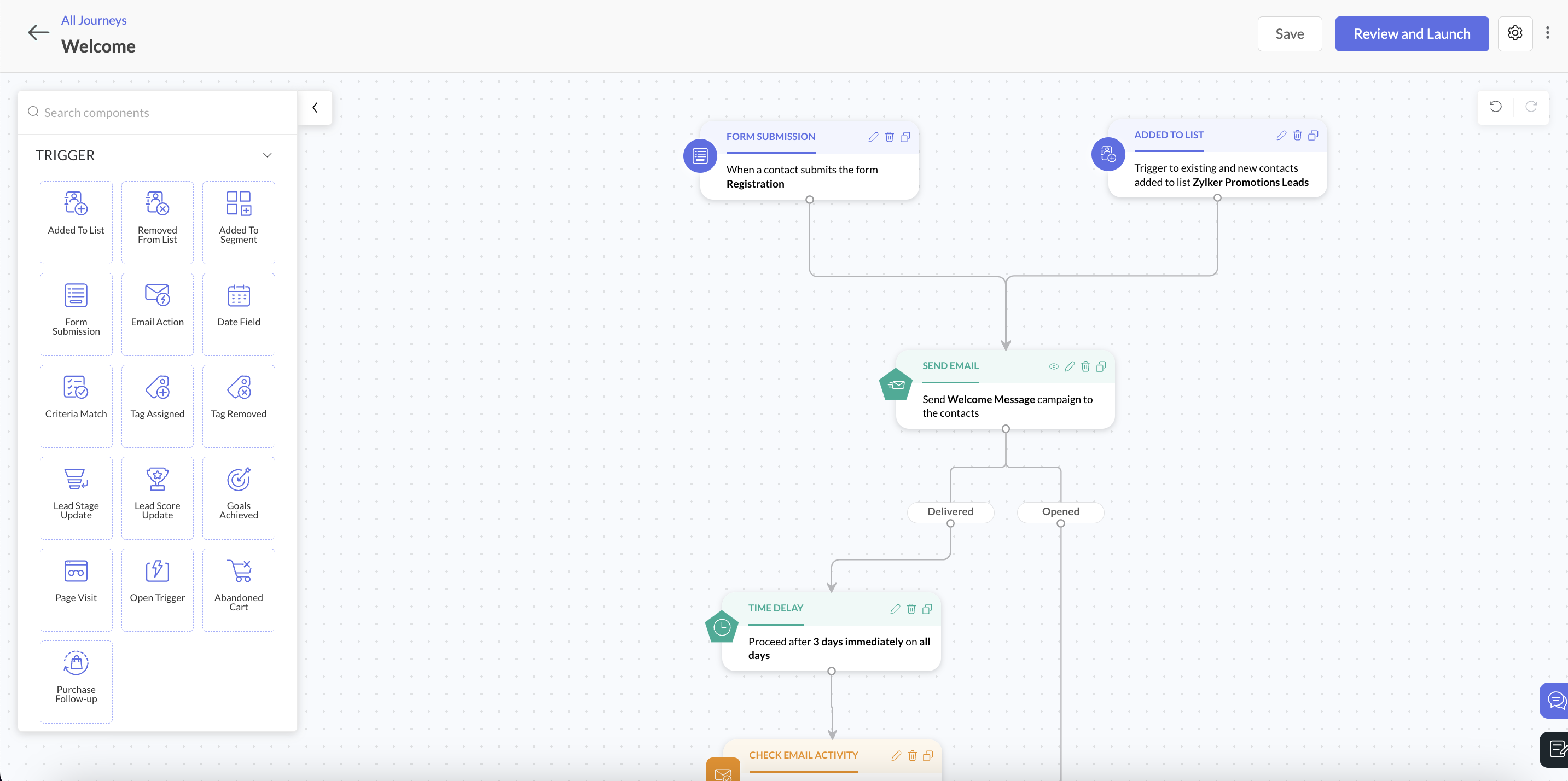 Zoho Marketing Automation - Automate your entire marketing efforts using simple but advanced user journeys. Do more with powerful journeys, from nurturing leads with personalized content to updating lead score, setting drip campaigns and automating communications across channels.