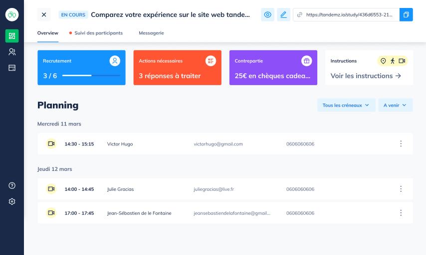 Tandemz - Visualisez vos entretiens à venir avec vos testeurs