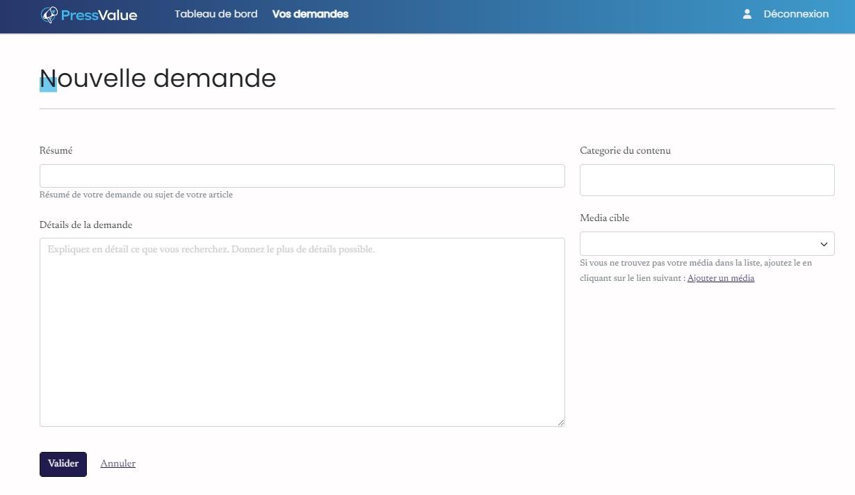 PressValue - Nouvelle demande Journalistes