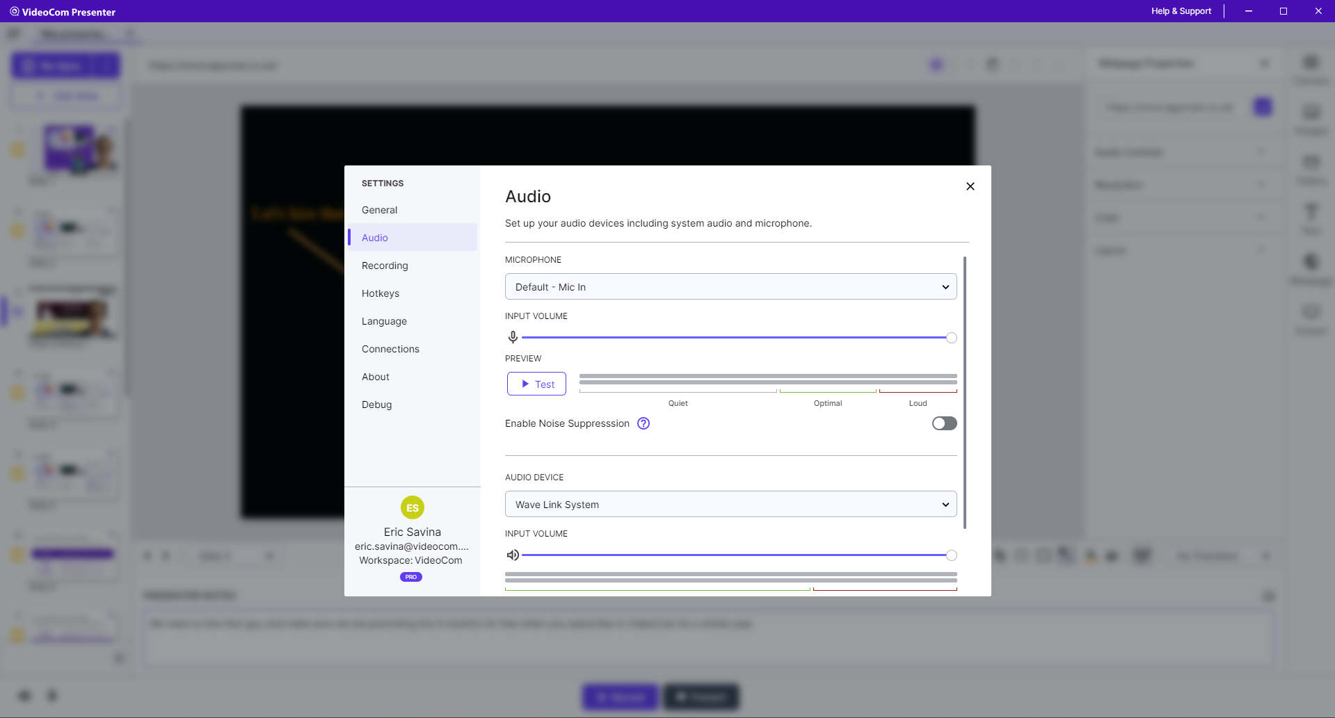 VideoCom Presenter - Adjust the settings to customise each element