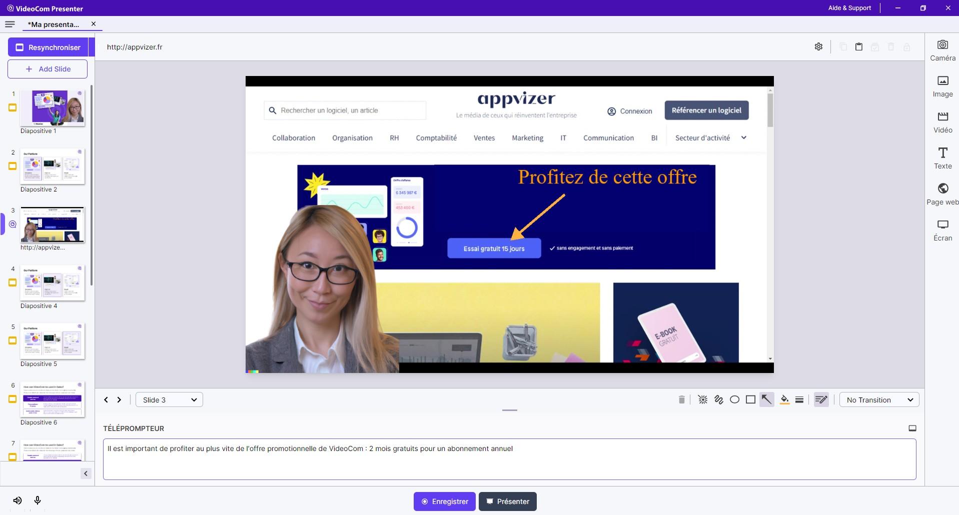 VideoCom Presenter - Positionnez-vous dans la diapositive grâce à l’ajout de votre caméra. Ajouter des annotations et d'autres éléments.