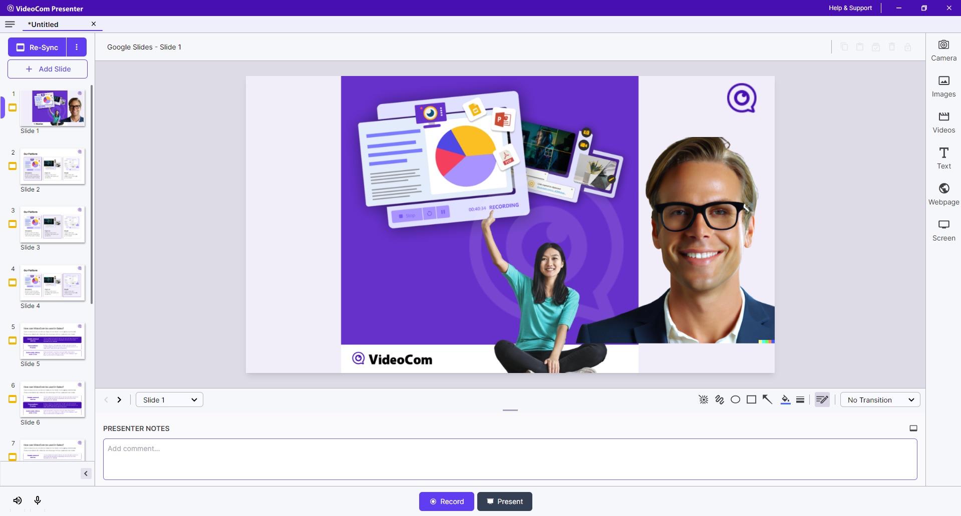 VideoCom Presenter - Main view of the VideCom Presenter software. On the left, the slides that form the presentation. On the right, the elements that can be added as an overlay.