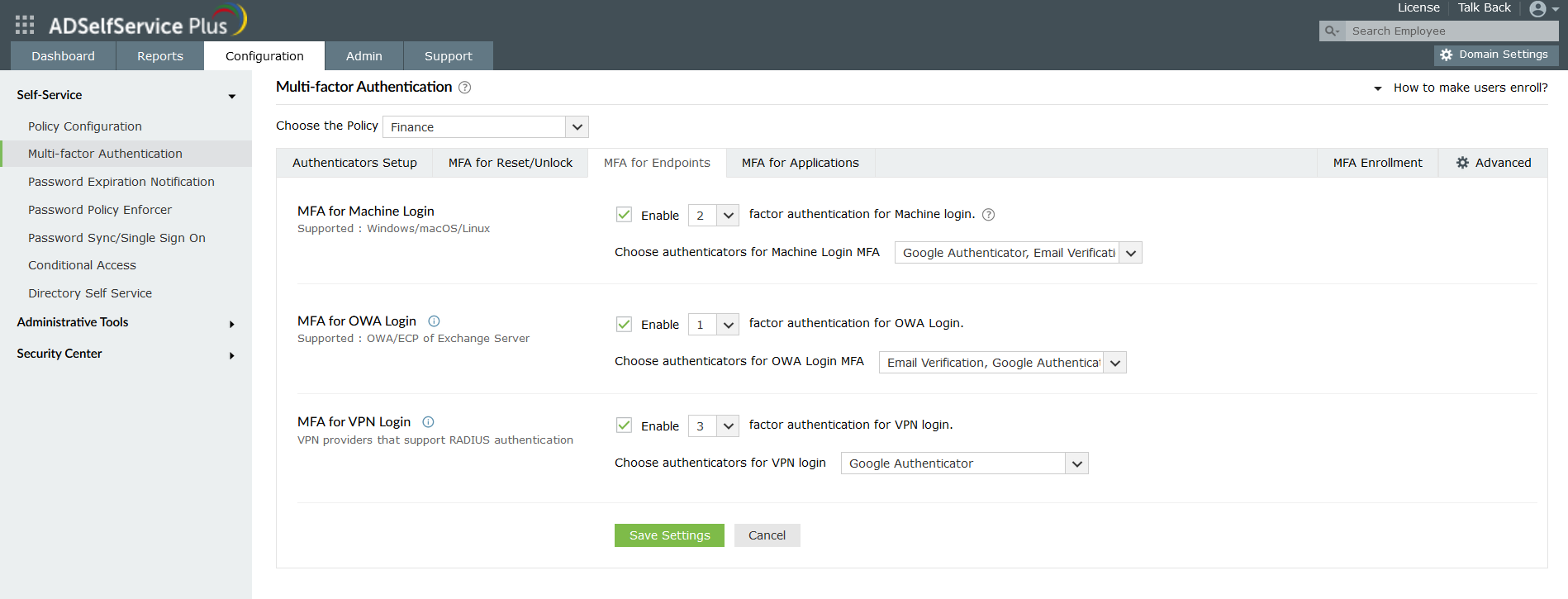ManageEngine ADSelfServicePlus - Enable MFA for Windows, macOS, Linux, VPN, RDP, and OWA logons.