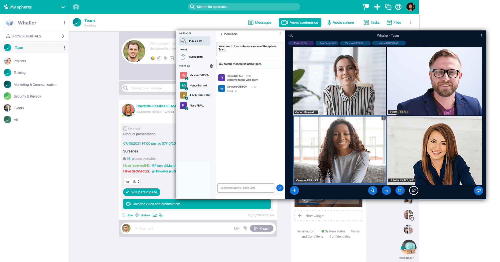 Whaller - The Whaller platform offers one click access to a variety of video conferencing solutions including BigBlueButton, Glowbl, Jitsi Meet and Whereby.