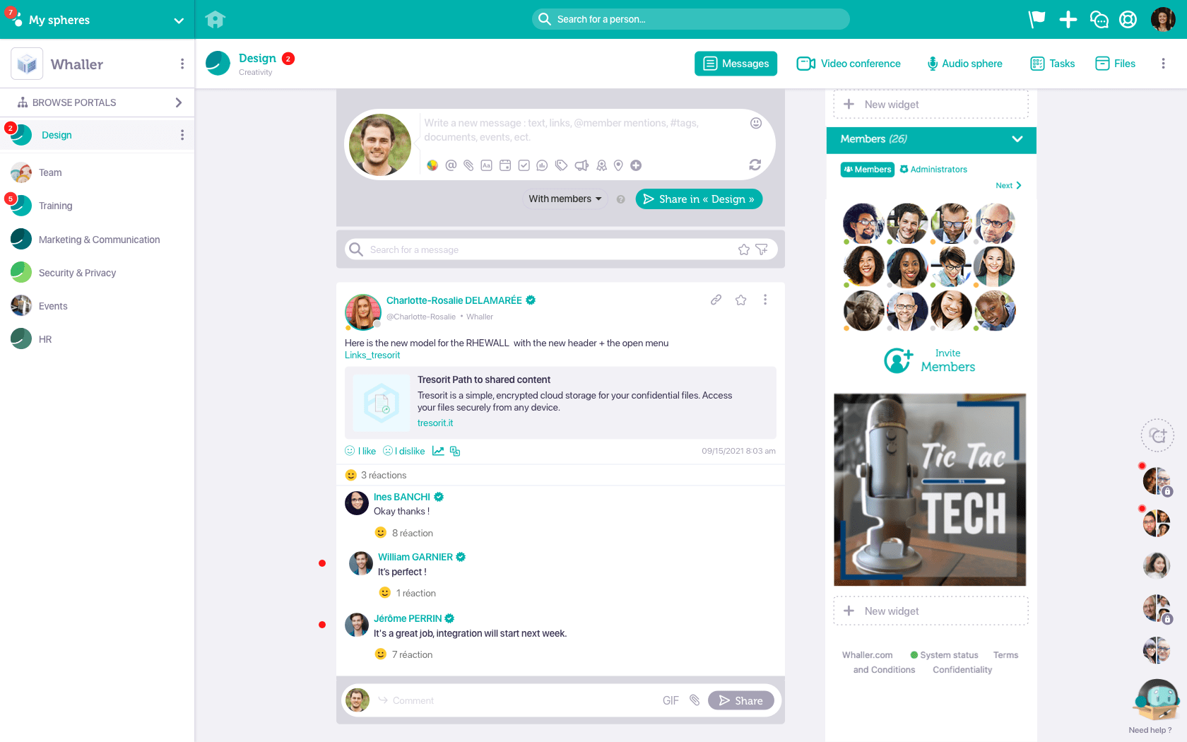 Whaller - Whaller "spheres" (independent discussion spaces) allow members to communicate and collaborate in complete security. Spheres include a variety of tools: messages, video conferencing, document storage & co-editing, shared calendar, task Kanban,...