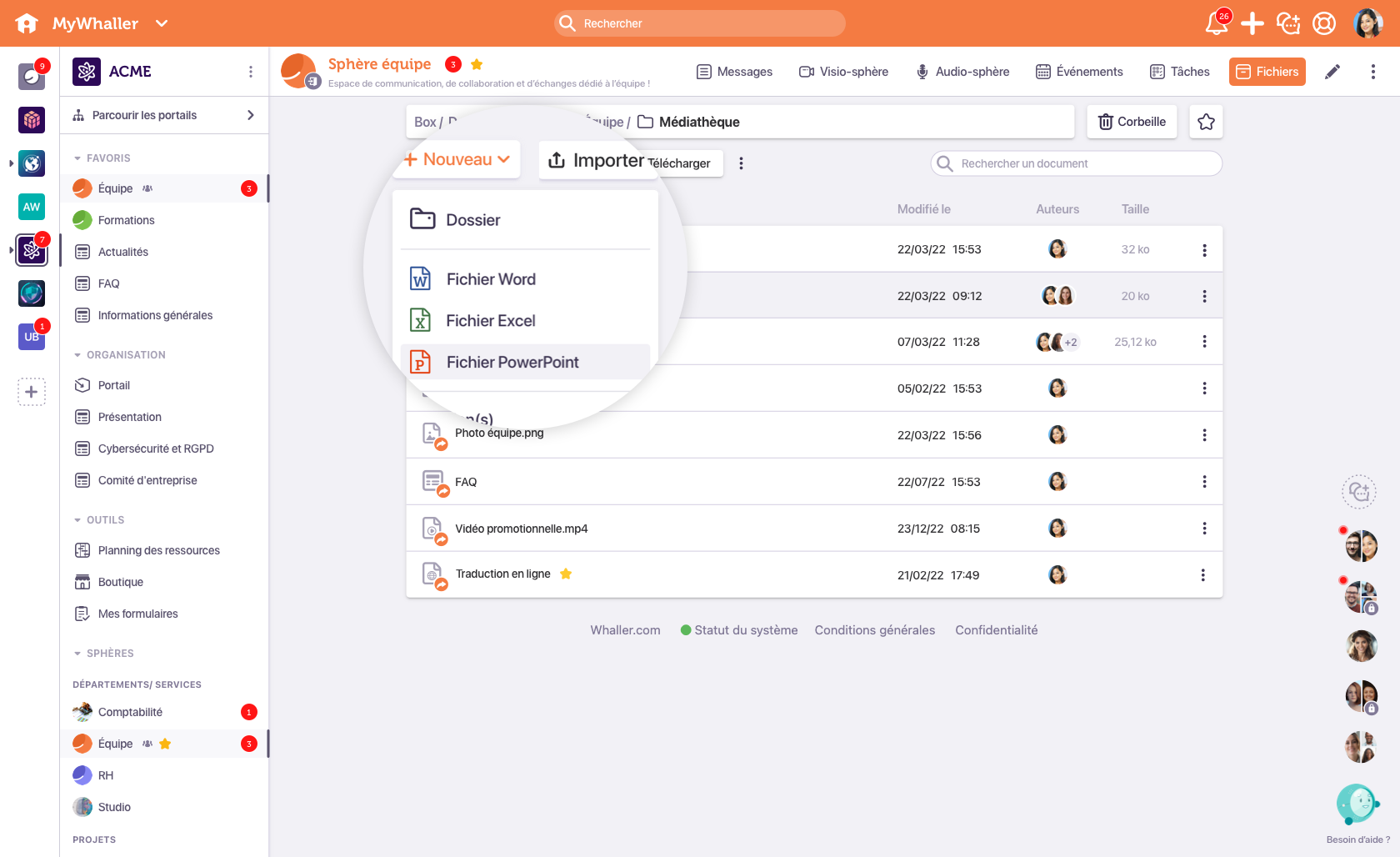 Whaller - Stockez, créez, partagez et coéditez des fichiers avec les membres de votre réseau. Sur Whaller, la gestion électronique des documents (GED) est intégrée dans chaque sphère grâce à une box de fichiers et une suite bureautique.