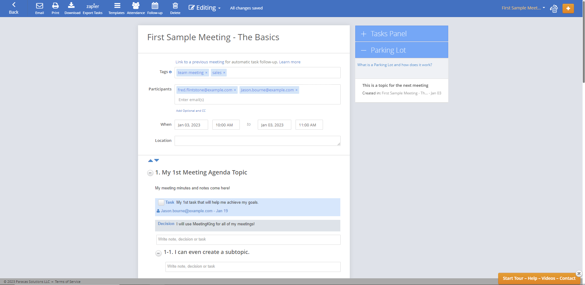 MeetingKing - The interface showcasing an example of how meeting agenda with meeting minutes and tasks is structured