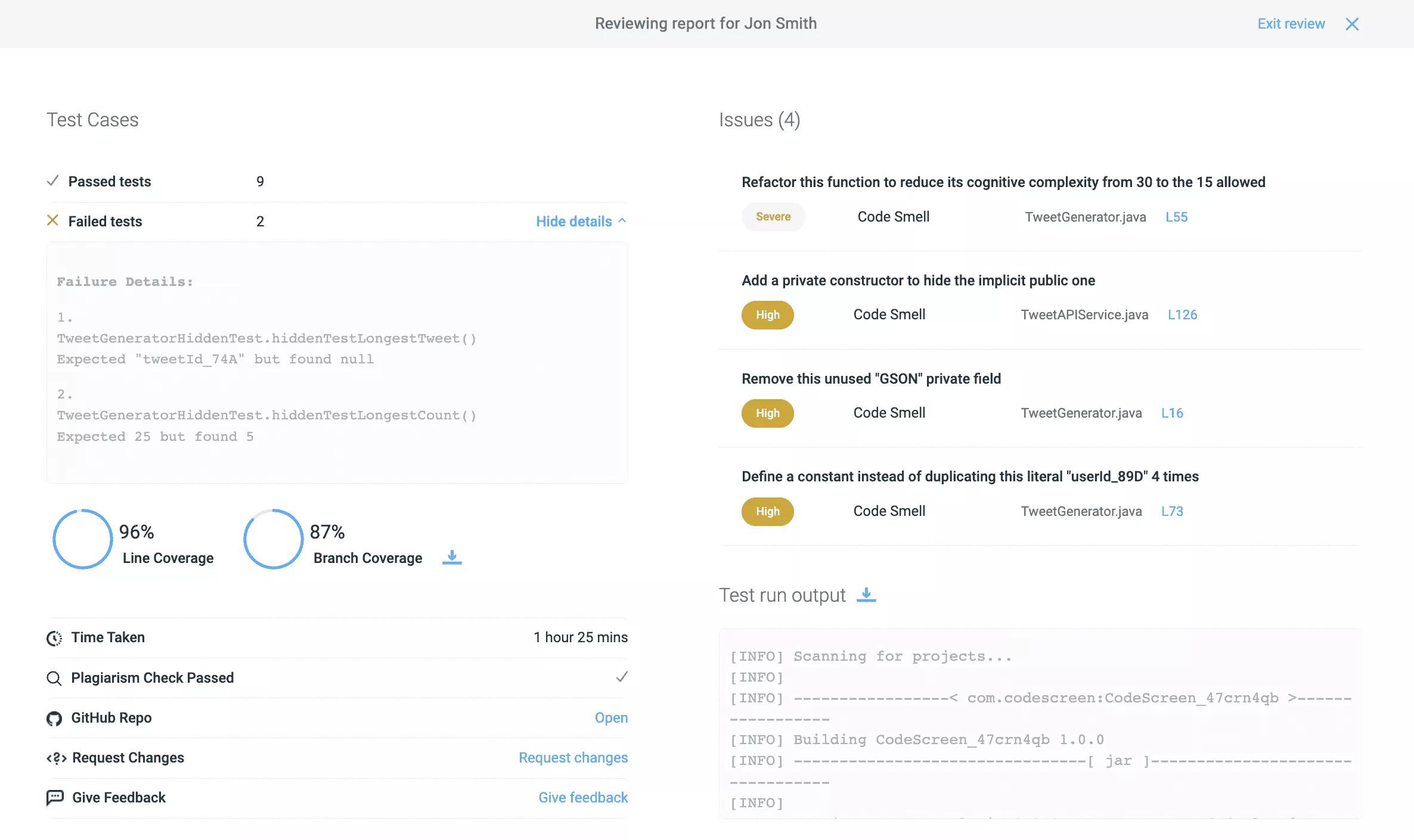 CodeScreen - Candidate Report: Detailed analysis report on the candidate’s performance.