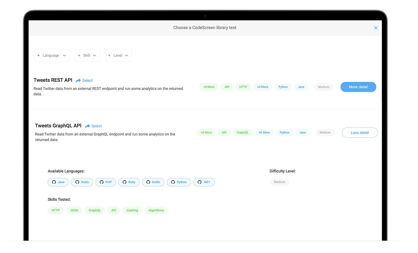 CodeScreen - Library Assessments: 100+ assessments to choose from.