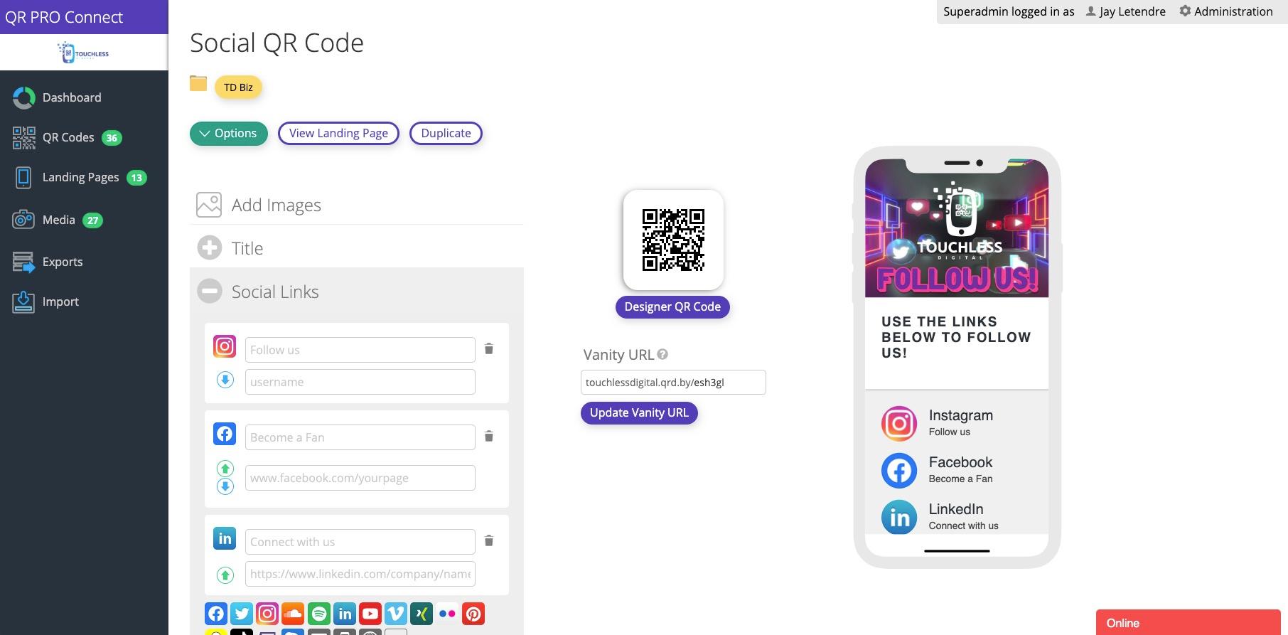 QR PRO Connect - Create mobile optimized branded landing pages that are linked to QR codes. Add CTA's (call to action) buttons for lead generation and linked to media. Consolidate all your social media accounts on one page.