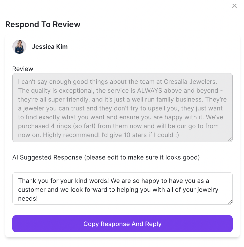 ReviewGain - ReviewGain AI suggested review response