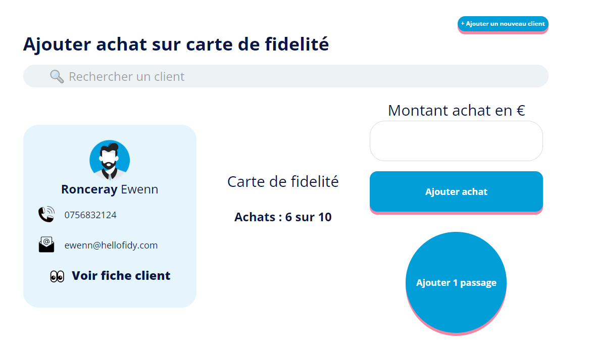 Hellofidy - Sur cette page vous pouvez à la fois créer un compte client et ajouter un achat sur la "carte de fidélité" digital de vos clients.