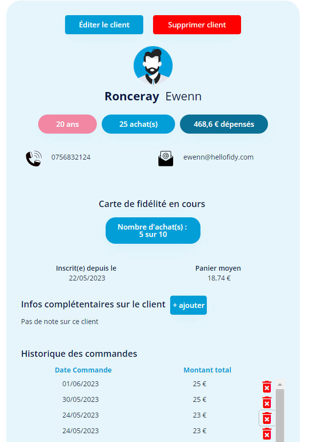 Hellofidy - La fiche client d'Hellofidy rassemble une grande quantité d'informations telles que le nom, le genre, l'âge, le nombre d'achats réalisés, des informations complémentaires etc...