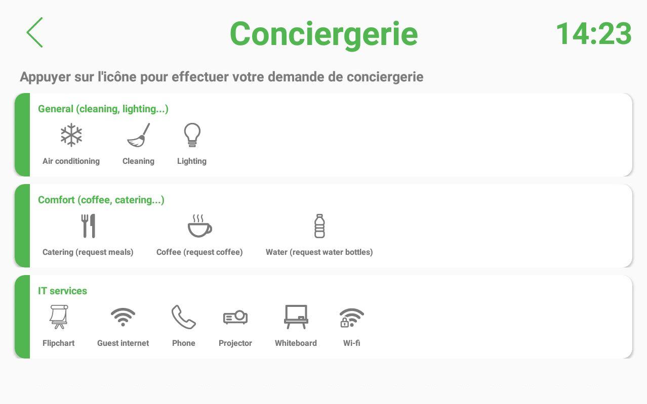 Meeting4Display - Menu conciergerie sur la tablette