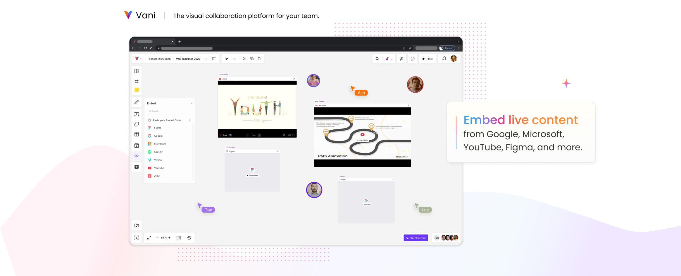 Vani - Embed live content from Google, Microsoft, YouTube, Figma, and more