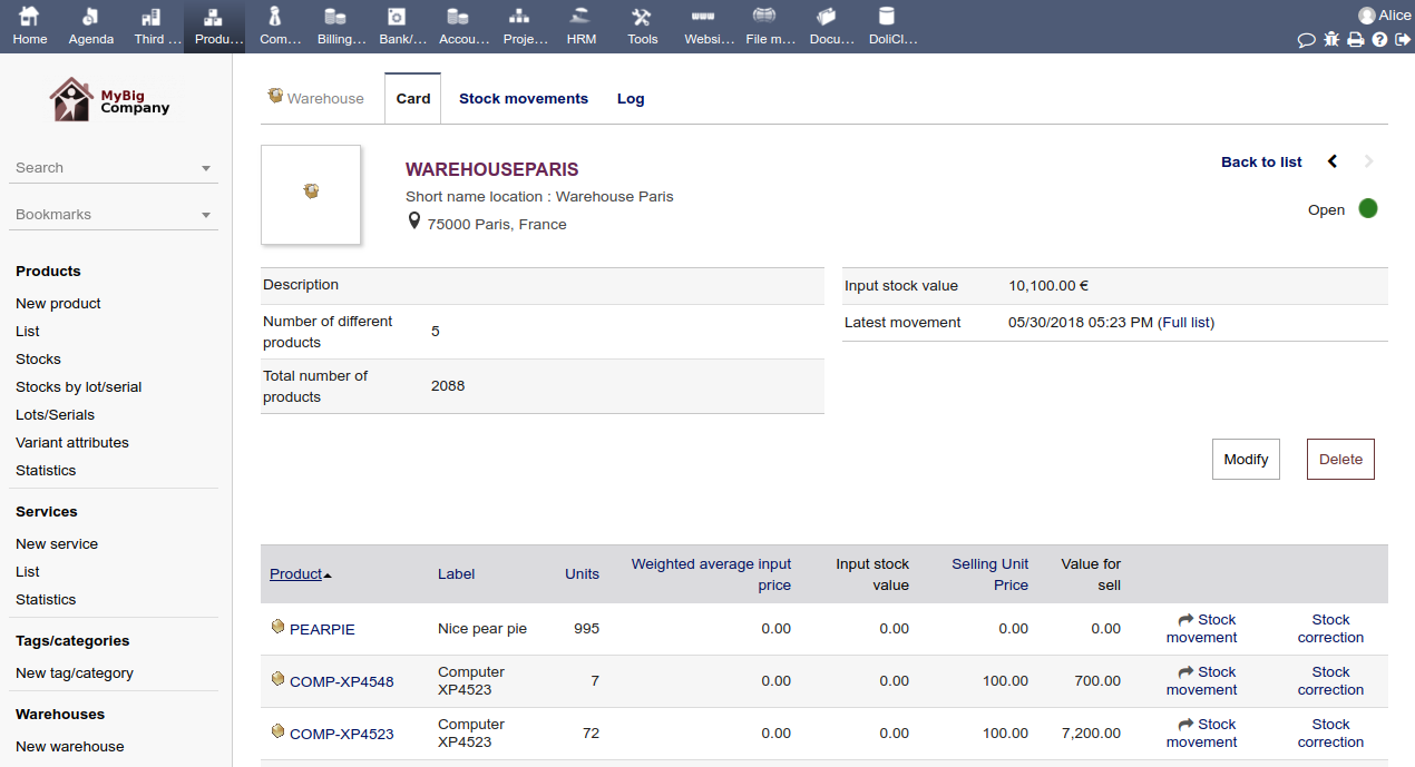 Dolibarr ERP CRM - Entrepôts et gestion de Stock