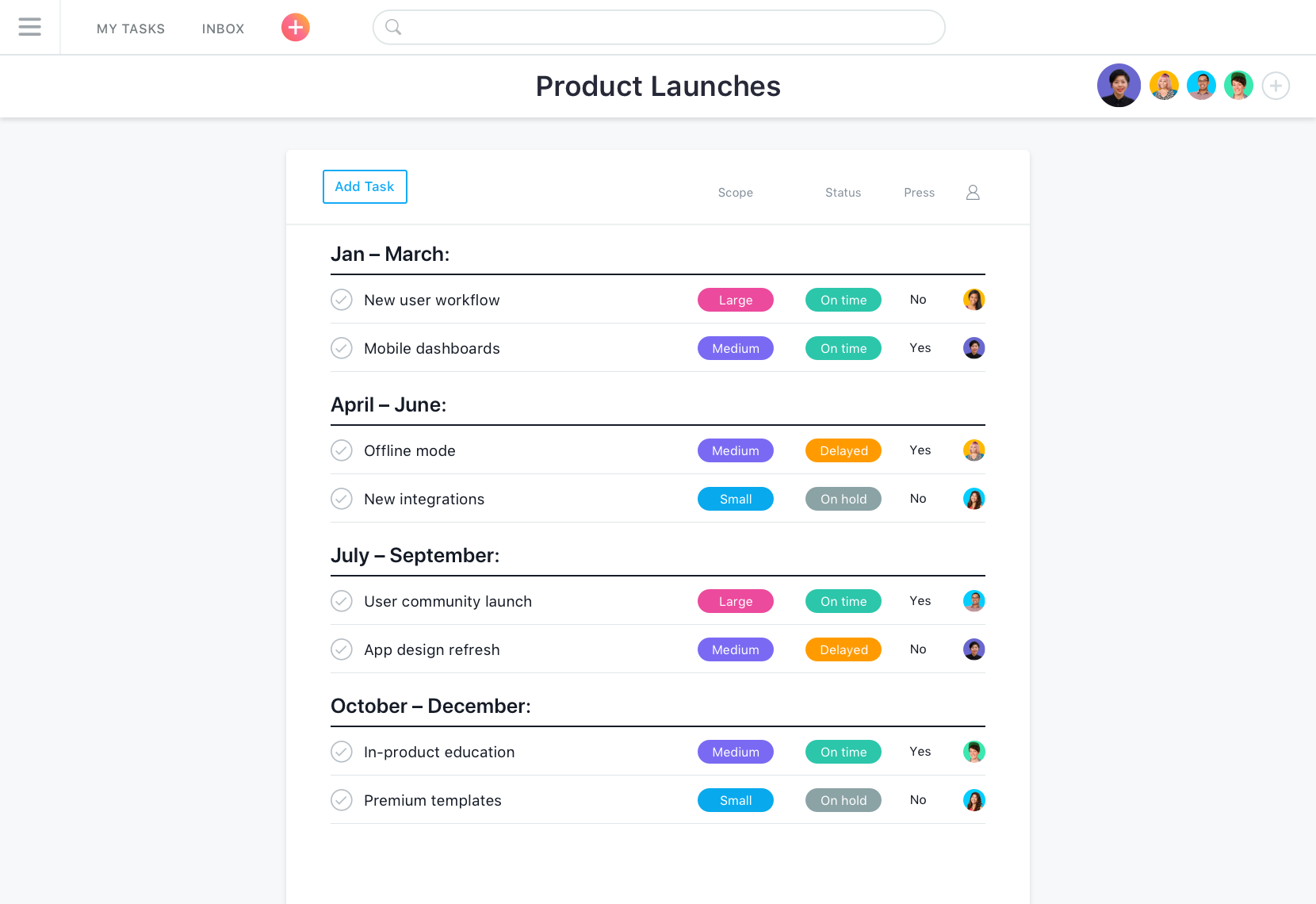 Asana - Lançamentos de produtos em Asana