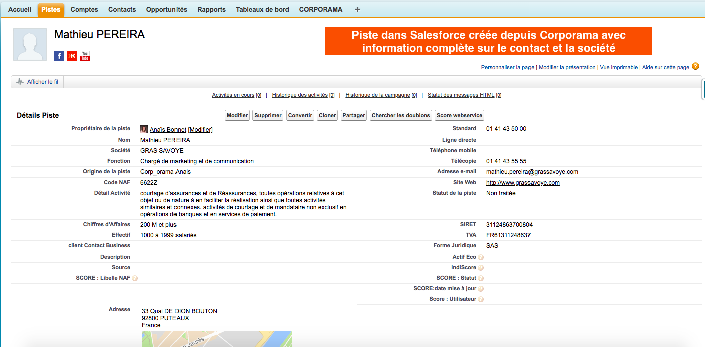 Corporama - Piste créée dans votre CRM depuis Corporama