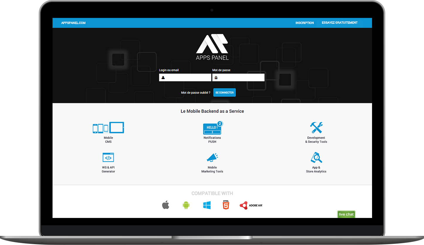 Mobile Backend Suite - Ecran d'accueil du MBaaS Apps Pael