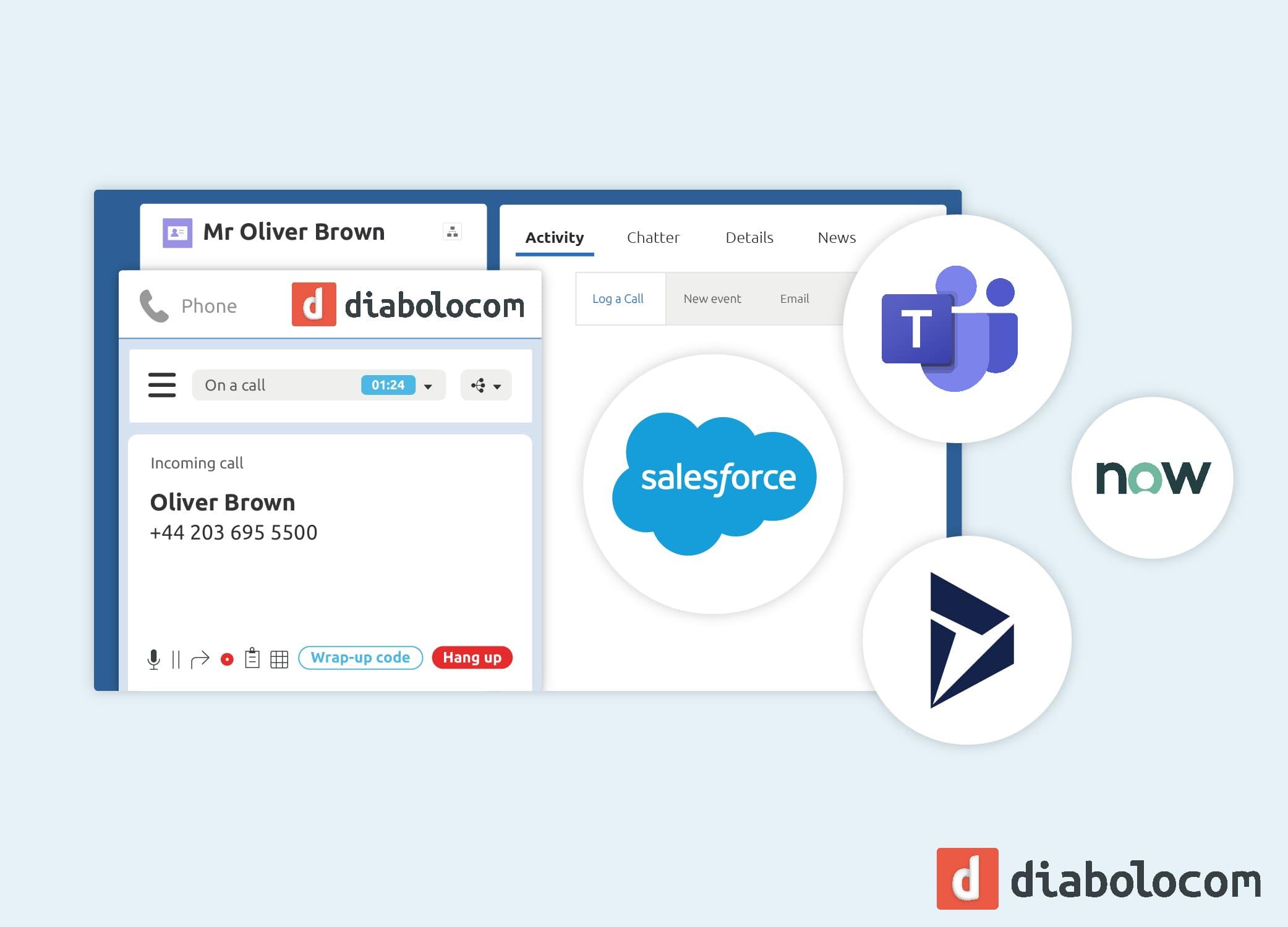 Diabolocom - Intégrations natives à votre CRM : Salesforce, MS Dynamics, Teams, ServiceNow...
