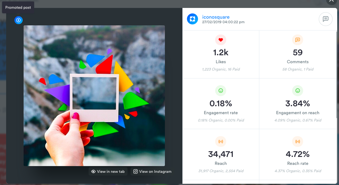 Iconosquare - Users on the Advanced and Agency plans have access to Promoted Post Analytics for Instagram, Facebook, Twitter and Linkedin posts within the Media Viewer or the Analytics overview.